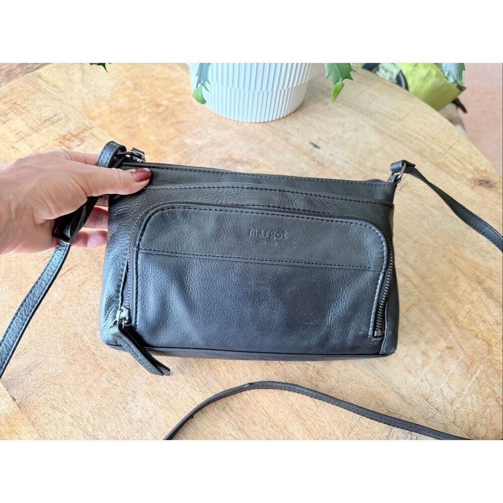 Margot New York Black Genuine Leather Crossbody Bag Soft Pebbled Multi Pocket Pu